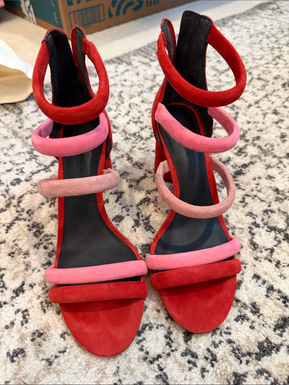 Rebecca Minkoff Red Suede High Heel Sandals with Pink Straps